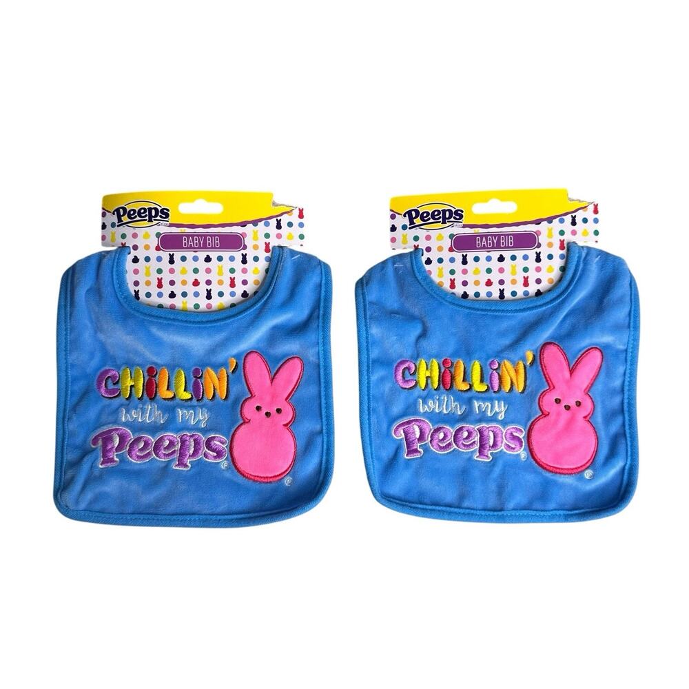 Peeps Blue Easter Baby Bib Chillin’ with My Peeps Lot of 2 Embroidered Bunny